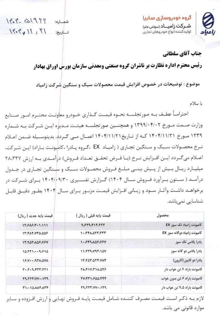 قیمت جدید پایه محصولات زامیاد - بهمن ۱۴۰۴