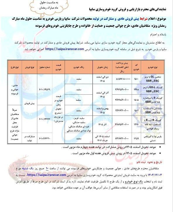 شرایط فروش بدون قرعهکشی ۶ محصول سایپا اعلام شد - بهمن ۱۴۰۴