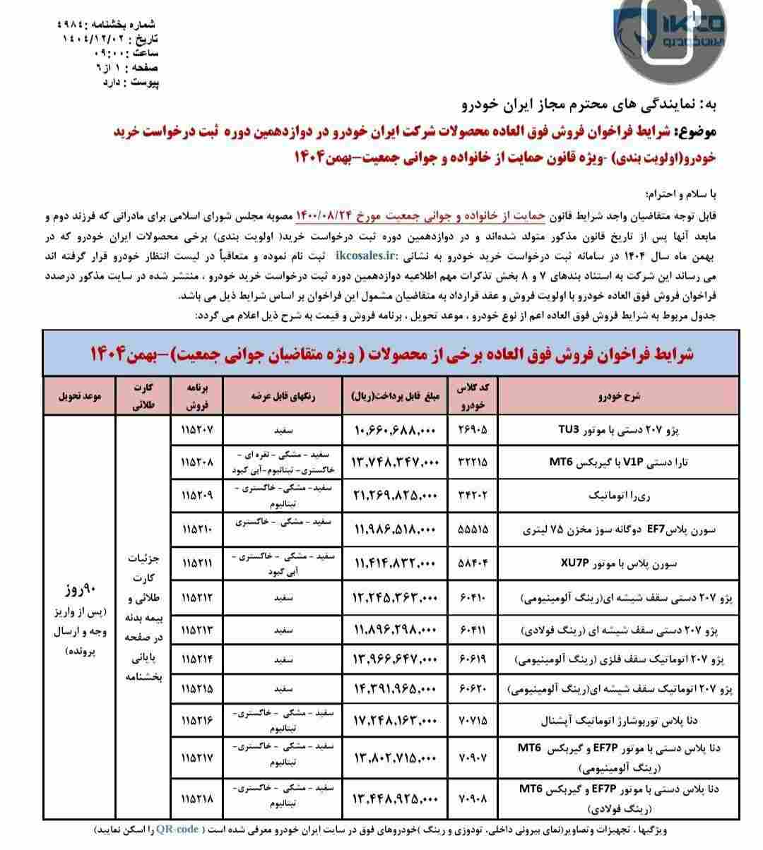 شرایط فروش محصولات ایران خودرو - اسفند ۱۴۰۴