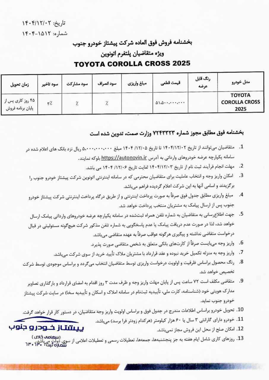 شرایط فروش تویوتا کرولا کراس ۲۰۲۵ در سامانه اتونوین - اسفند ۱۴۰۴