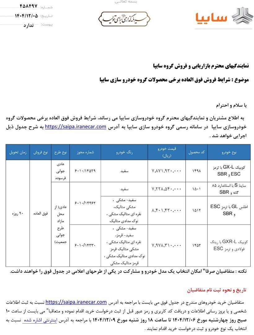 شرایط فروش ۴ محصول سایپا - اسفند ۱۴۰۴