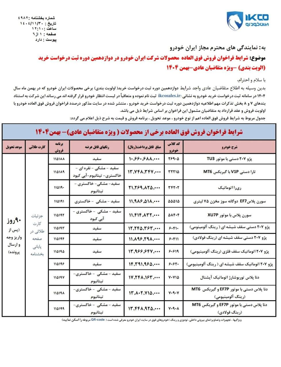شرایط فروش محصولات ایران خودرو - بهمن ۱۴۰۴
